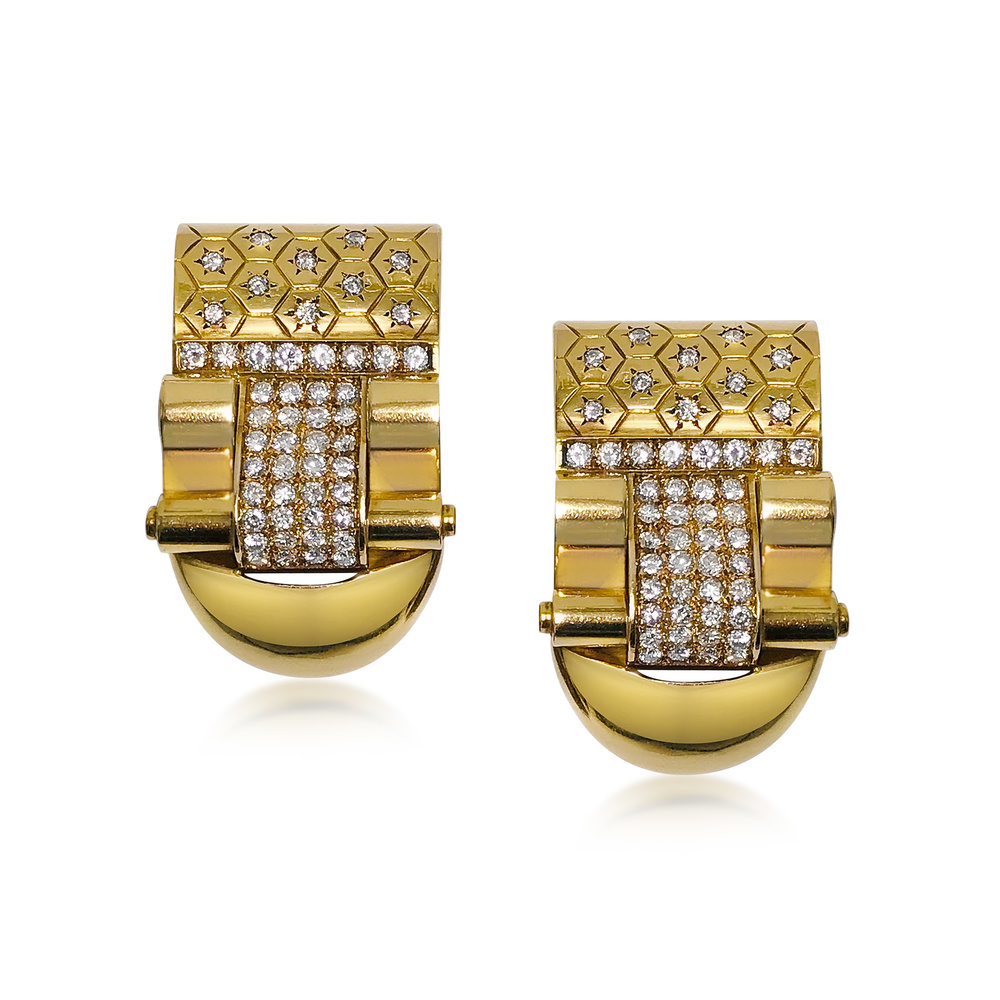 A PAIR OF 'LUDO HEXAGONE' DIAMOND AND GOLD CLIP BROOCHES, BY VAN CLEEF &amp; ARPELS