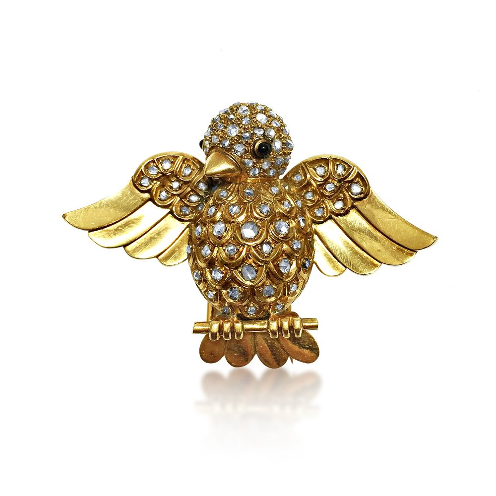 AN 18K YELLOW GOLD AND DIAMOND "MOINEAU" CLIP BROOCH, BY RENE BOIVIN, 1945