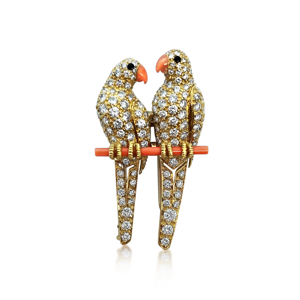 A GOLD AND DIAMOND LOVE-BIRDS BROOCH, BY CARTIER  