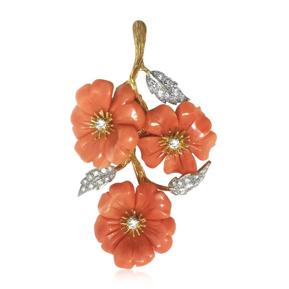 A DIAMOND, CORAL AND GOLD BROOCH, BY BOUCHERON  
