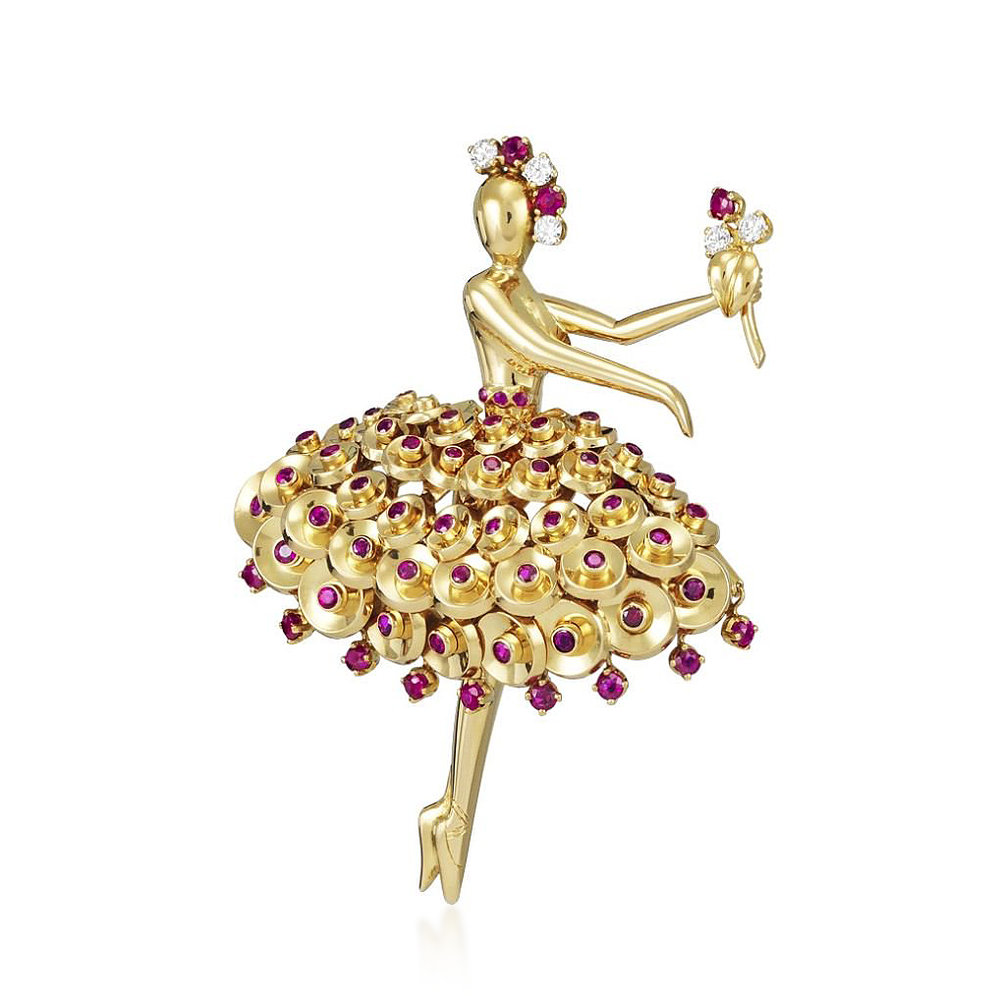 A RUBY AND 18K YELLOW GOLD 'PAILLETTES' BALLERINA BROOCH, BY VAN CLEEF &amp; ARPELS 