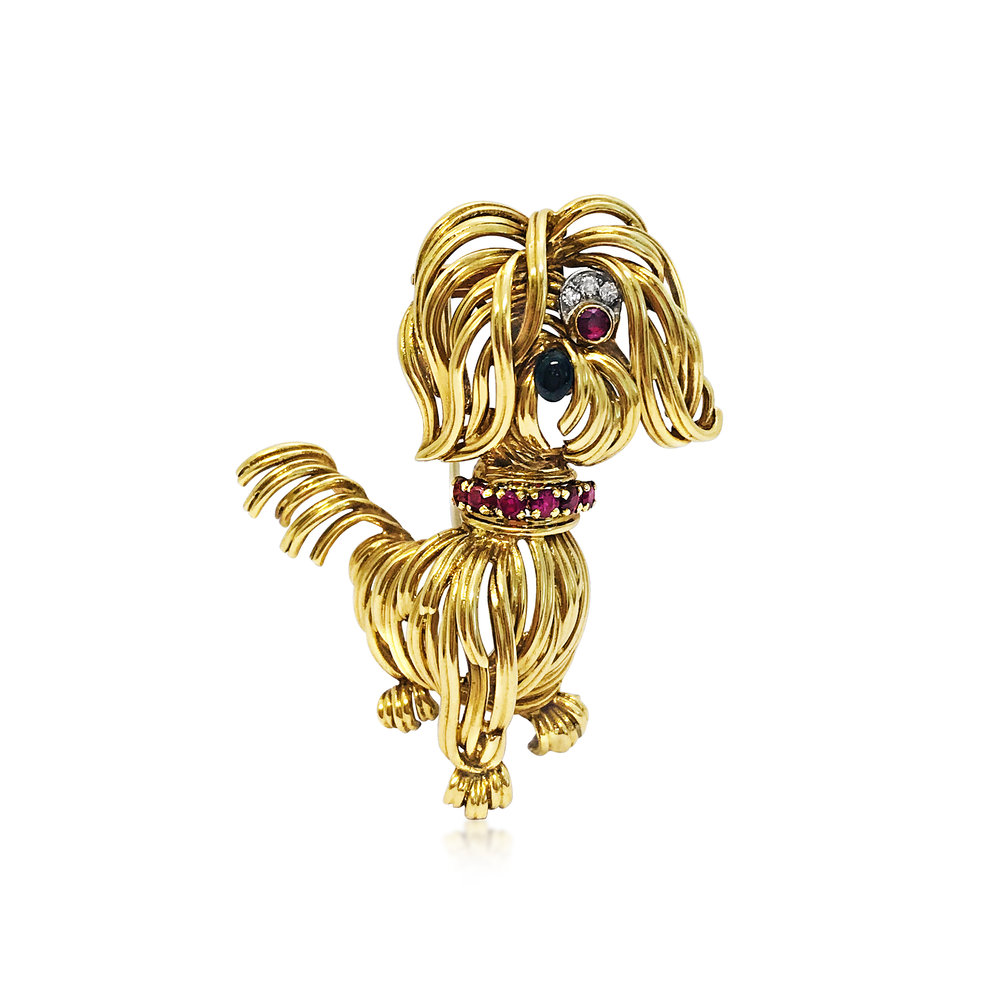 AN YELLOW GOLD, RUBY, DIAMOND AND ENAMEL DOG BROOCH, BY VAN CLEEF &amp; ARPELS - SOLD