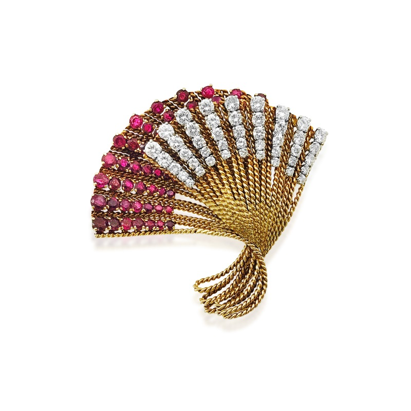 A RUBY AND DIAMOND BROOCH, BY VAN CLEEF &amp; ARPELS - SOLD
