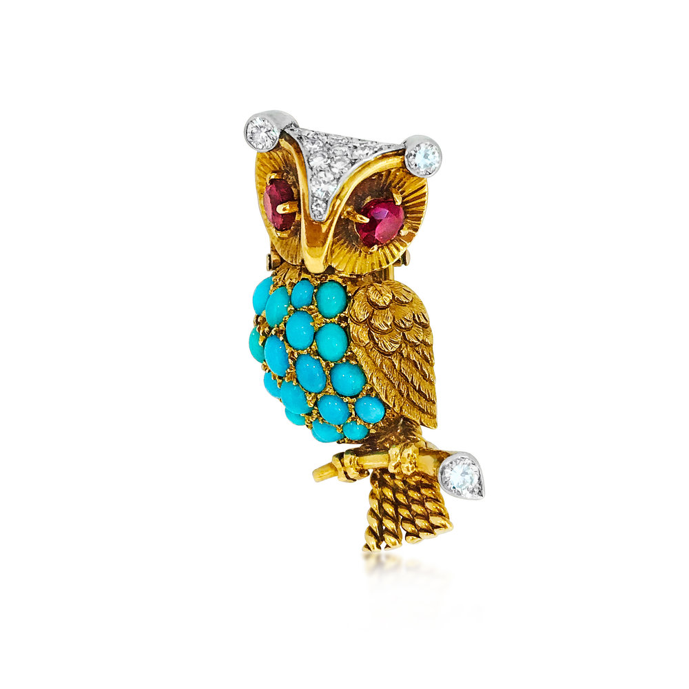 A GEM-SET OWL BROOCH, BY CARTIER - SOLD