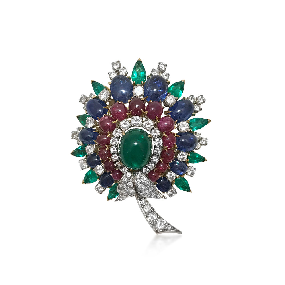 A Cabochon Gem-Set and Diamond Brooch 