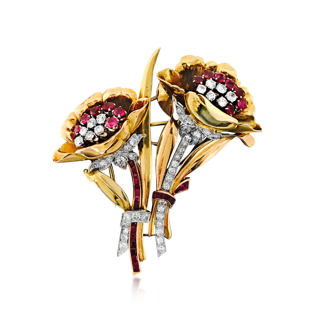 A RETRO RUBY AND DIAMOND GOLD FLOWER DOUBLE CLIP BROOCH - SOLD