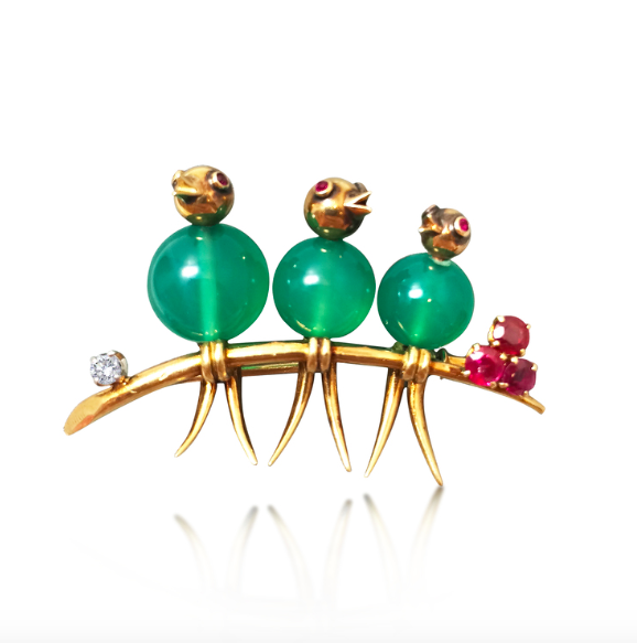 A CHRYSOPRASE PERCHED BIRDS BROOCH, BY MELLERIO - SOLD