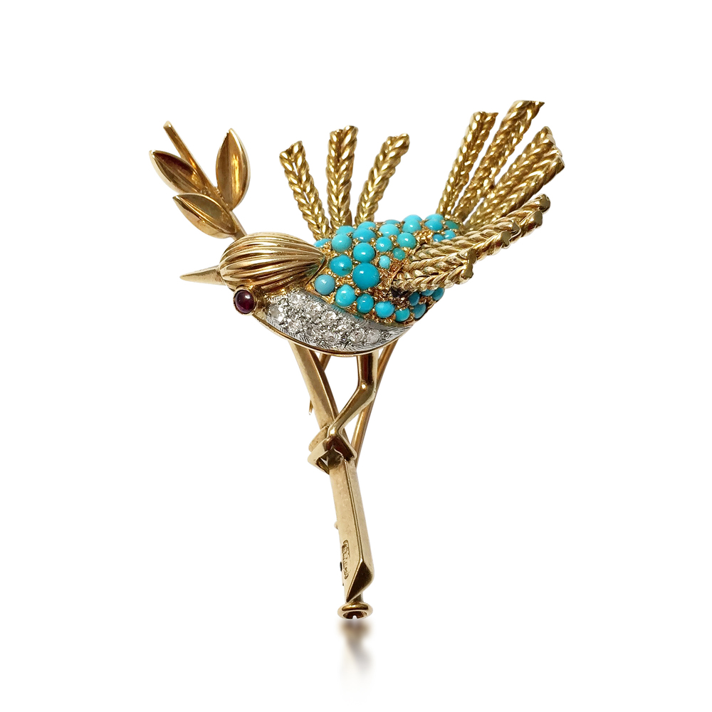 A RETRO TURQUOISE AND RUBY BIRD BROOCH, BY BOUCHERON, CIRCA 1960'S - SOLD