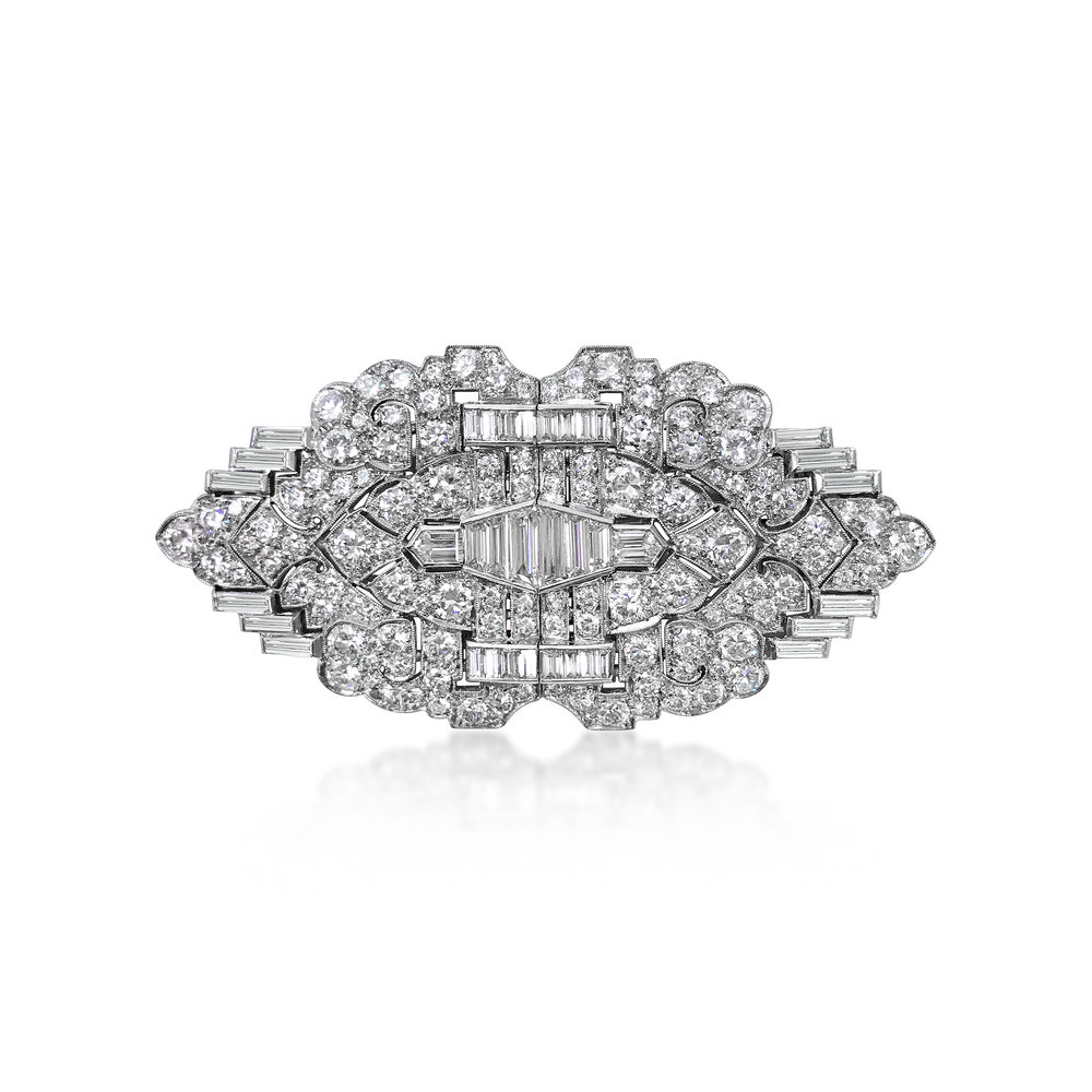 AN ART DECO DIAMOND AND PLATINUM DOUBLE CLIP BROOCH - SOLD