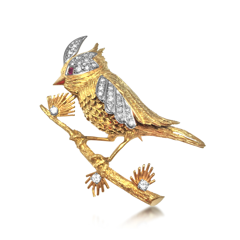 A RETRO DIAMOND AND GOLD BIRD BROOCH, BY BOUCHERON, CIRCA 1950S - SOLD
