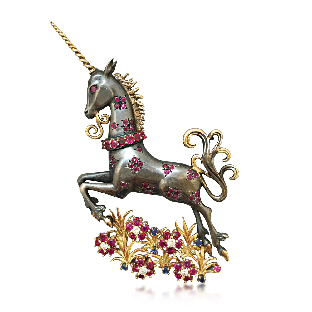 A SILVER, GOLD, SAPPHIRE AND DIAMOND BROOCH, BY VAN CLEEF &amp; ARPELS  