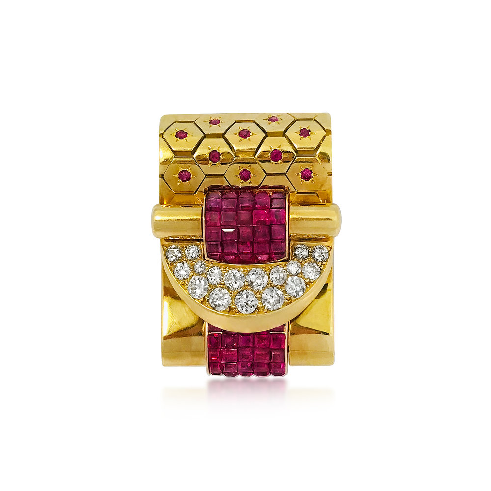 A RUBY AND DIAMOND "LUDO" MYSTERY SET CLIP, BY VAN CLEEF &amp; ARPELS - SOLD
