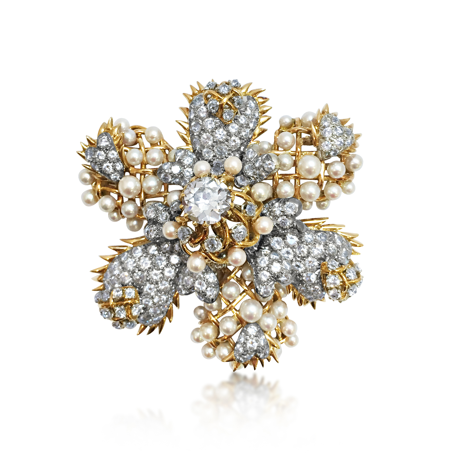 A DIAMOND AND CULTURED PEARL BROOCH, BY SCHLUMBERGER TIFFANY - SOLD