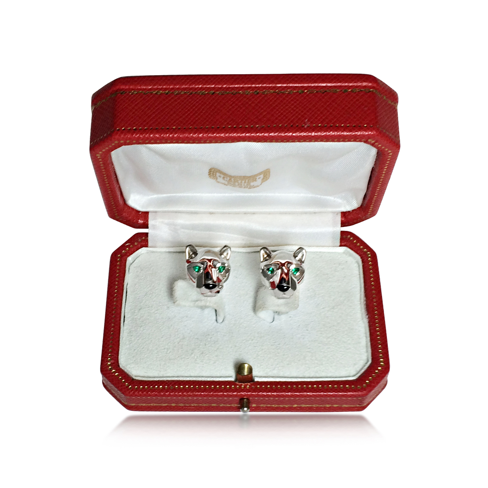 A set of 18K White Gold and Emerald  "Panthere" Cufflinks  and 3 Studs, by Cartier  
