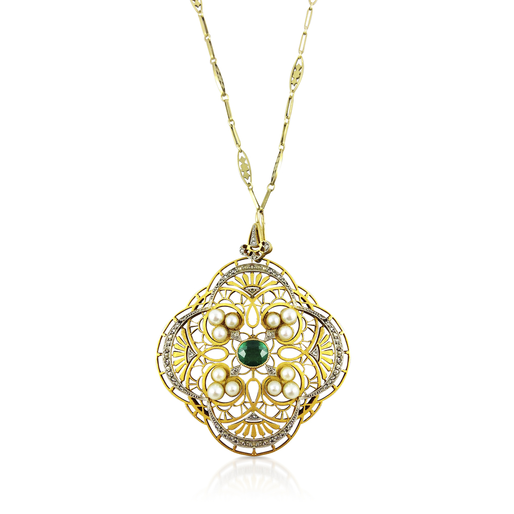 AN ART NOUVEAU GOLD, EMERALD AND PEARL PENDANT BROOCH, CIRCA 1905 - SOLD