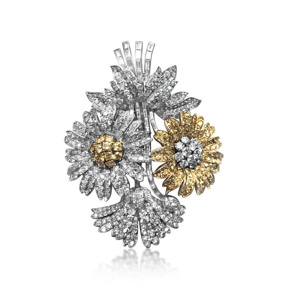 A DIAMOND AND YELLOW DIAMOND FLOWERS BROOCH, BY TIFFANY &amp; CO. 