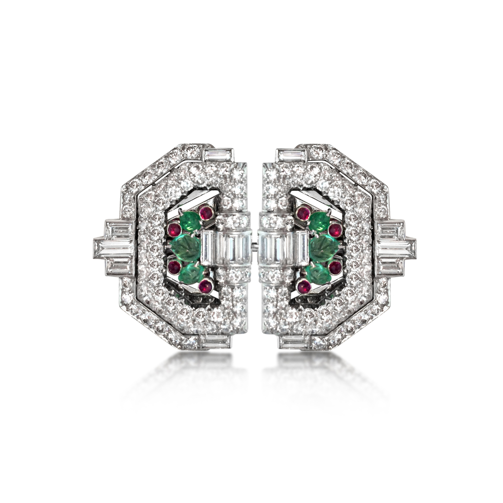 AN ART DECO EMERALD, RUBY AND DIAMOND DOUBLE CLIP BROOCH, CIRCA 1925 - SOLD