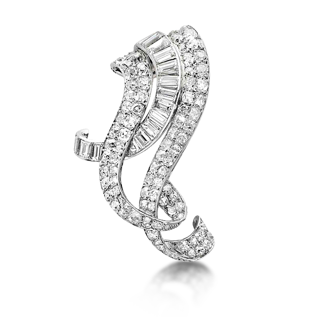 A DIAMOND PLATINUM AND GOLD CLIP BROOCH, BY CHAUMET - SOLD