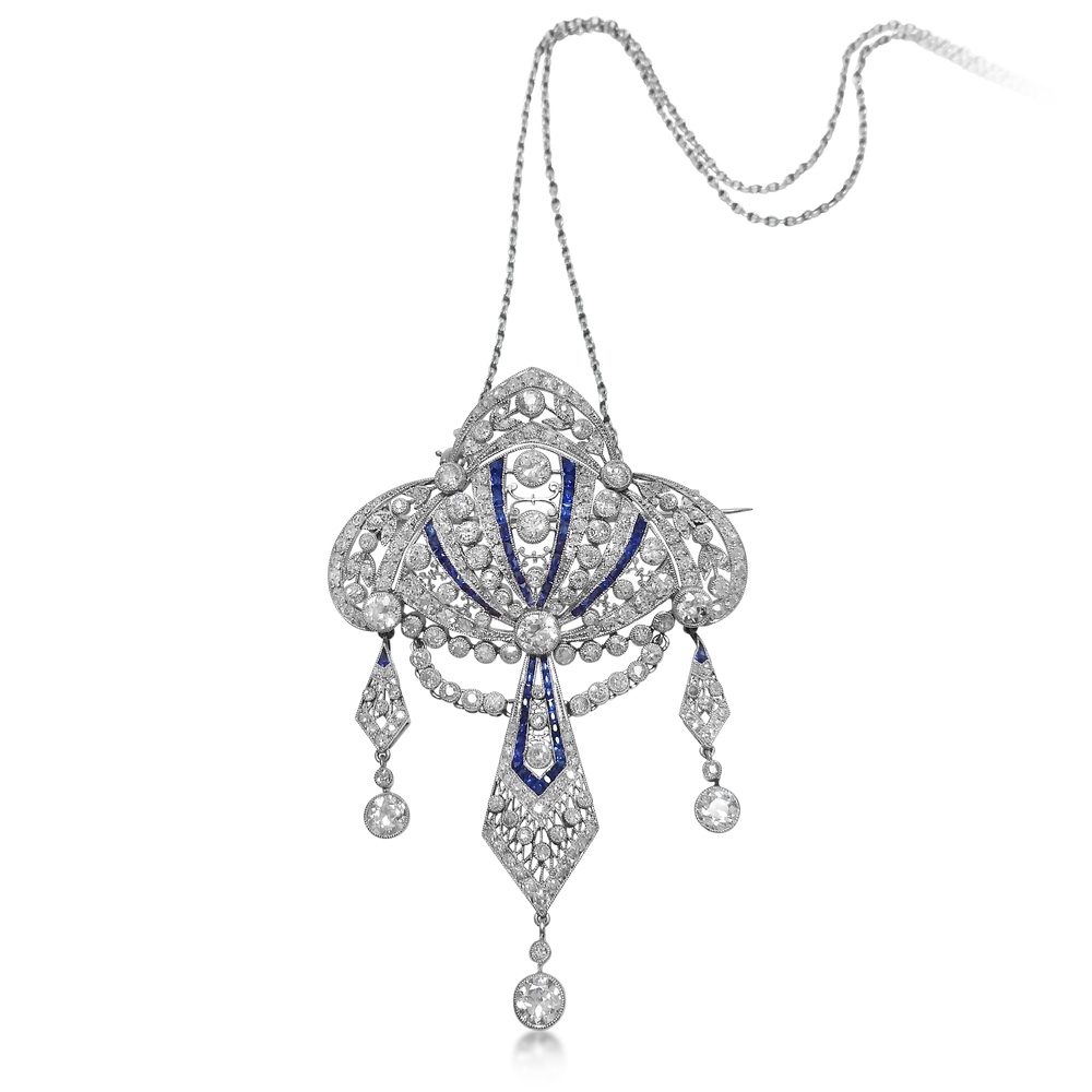 A BELLE EPOQUE DIAMOND AND SAPPHIRE BROOCH/ PENDANT, CIRCA 1910 - SOLD