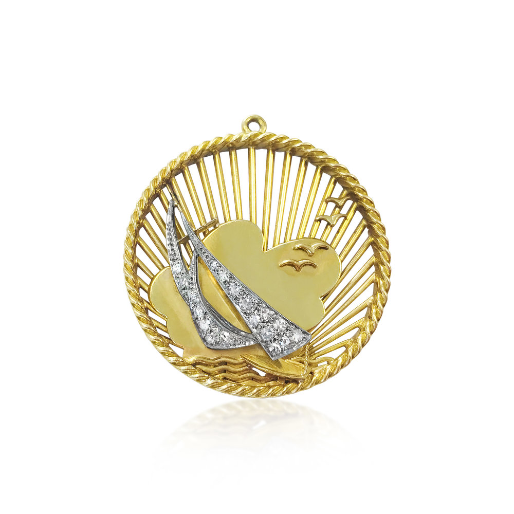 A RETRO 18K GOLD AND DIAMOND SAILBOAT CHARM, BY TIFFANY AND CO.  