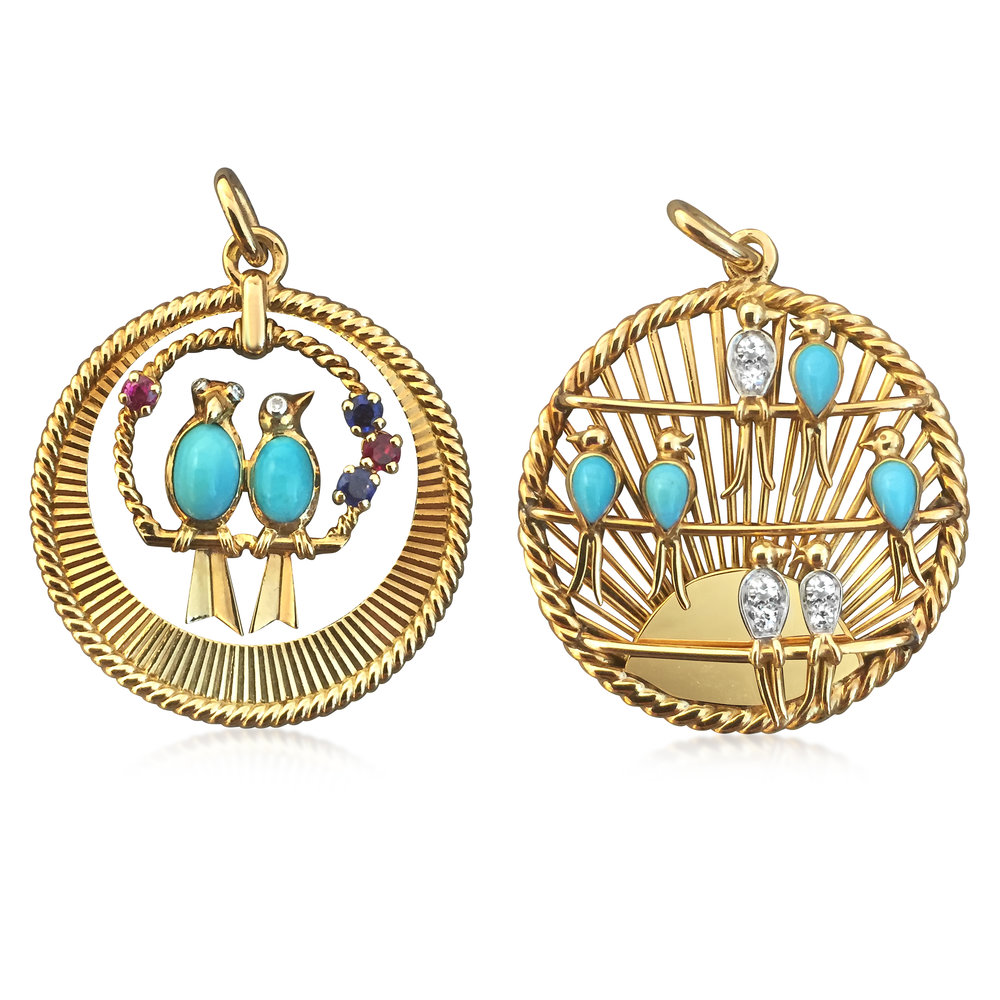 A PAIR OF TURQUOISE, RUBY, SAPPHIRE AND DIAMOND PENDANTS, BY VAN CLEEF &amp; ARPELS  