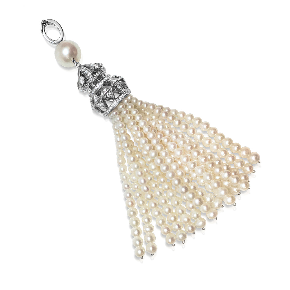 A CULTURED PEARL &amp; DIAMOND TASSEL PENDANT  