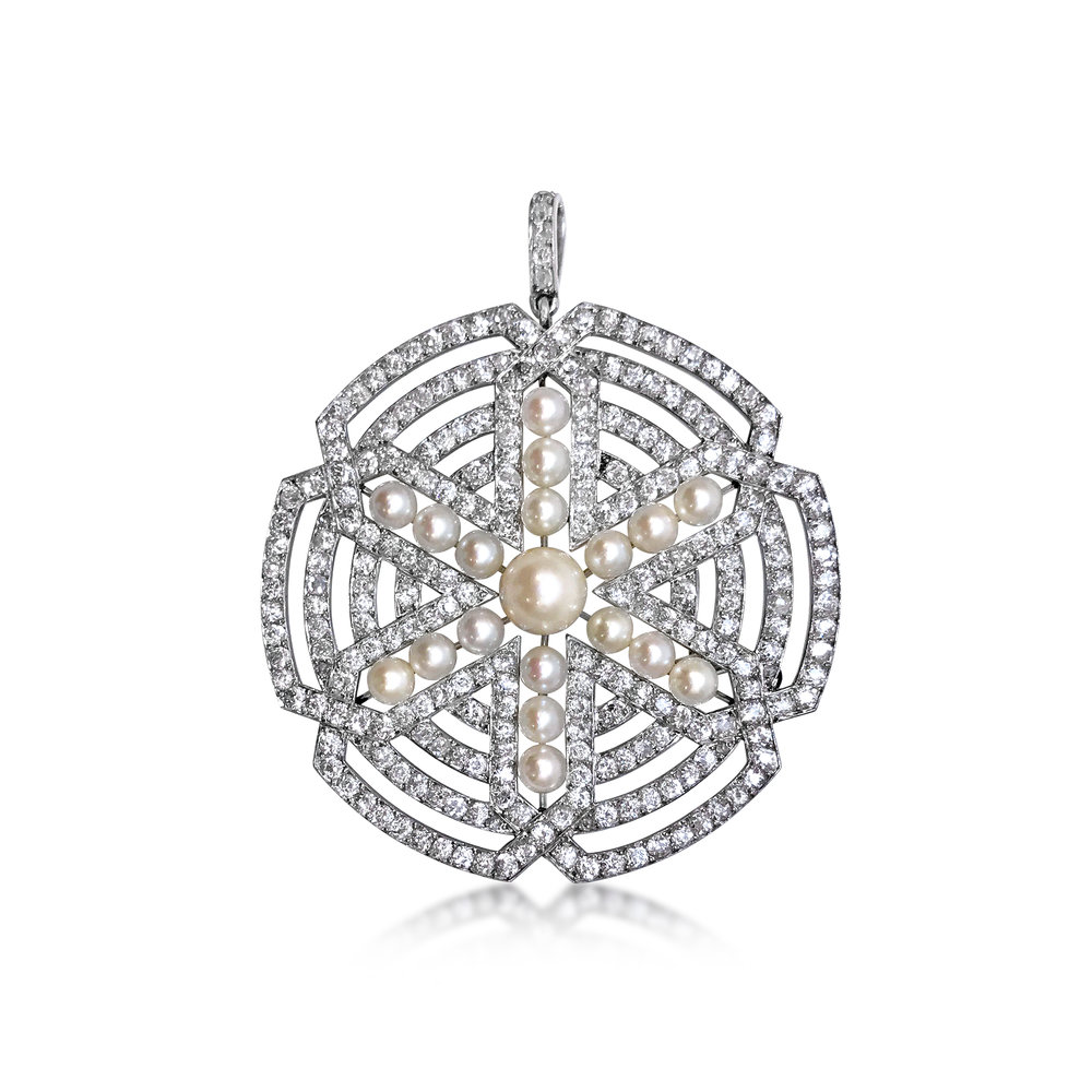 A BELLE ÉPOQUE DIAMOND AND SEED PEARL PENDANT BROOCH, BY BOUCHERON, CIRCA 1910 