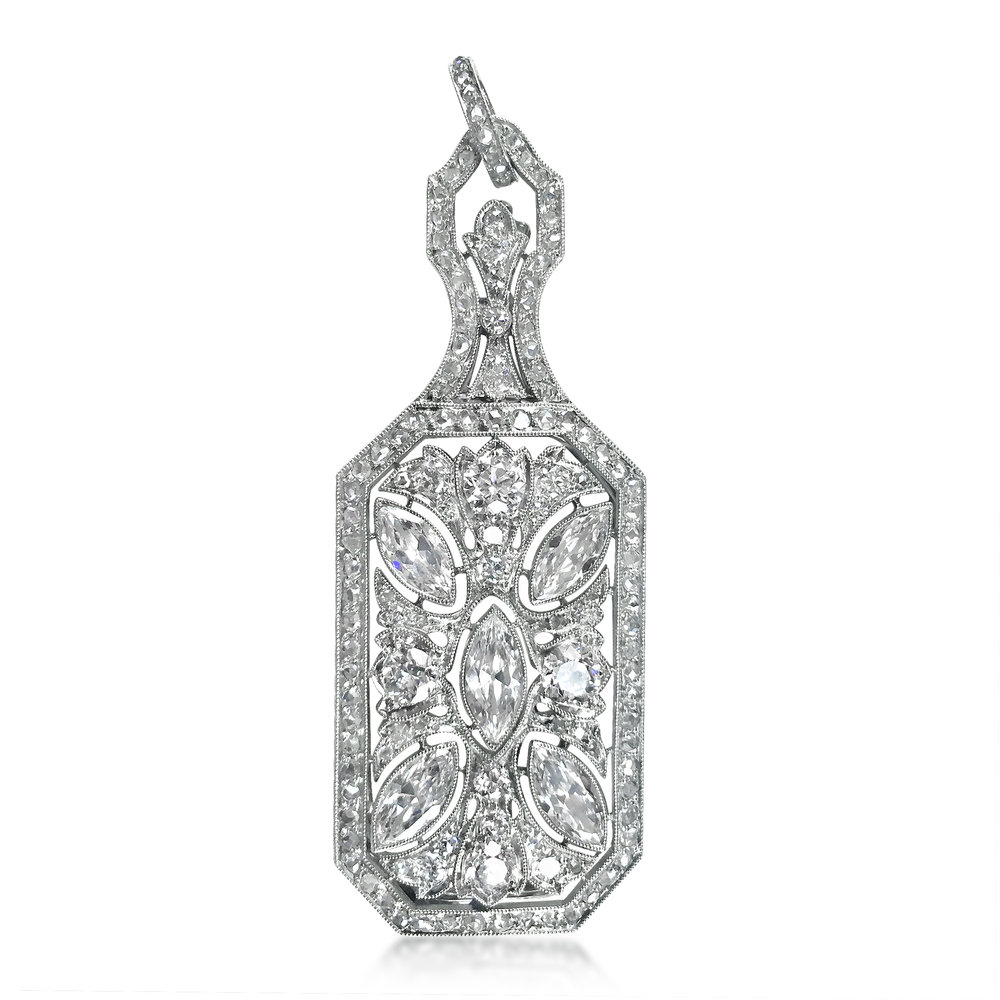 AN EDWARDIAN DIAMOND AND PLATINUM LORGNETTE PENDANT, BY CHARLTON AND CO.