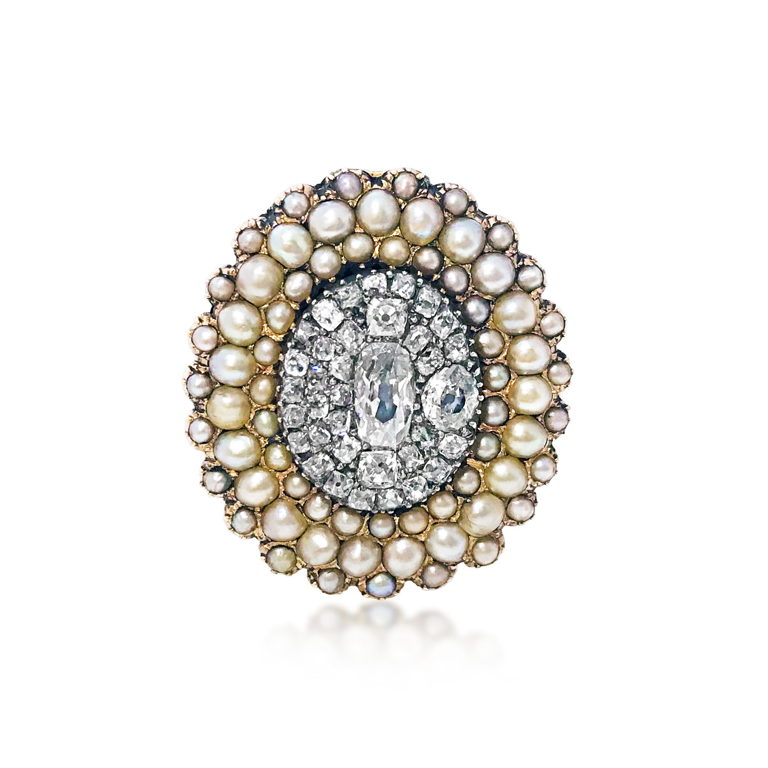 A Georgian Diamond And Half-Pearl  Oval Mourning Ring 