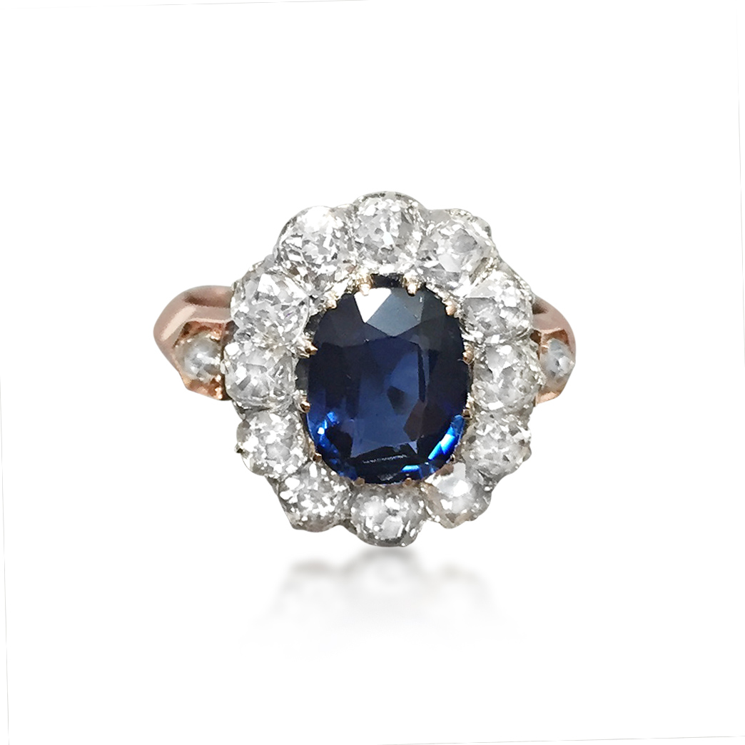 An Antique French Yellow Gold Ring set with diamonds and Sapphire, Circa 1895  