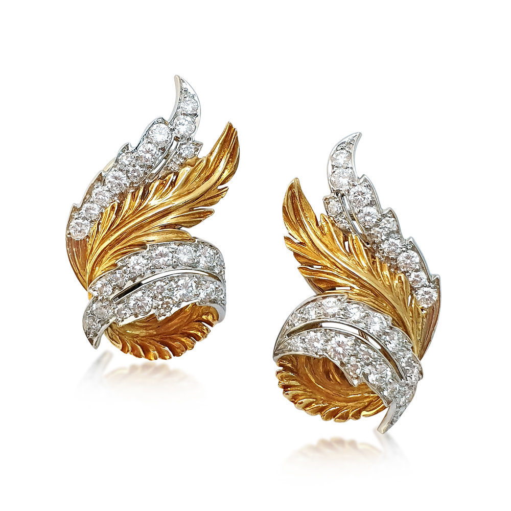 A PAIR OF DIAMOND AND GOLD LEAF EARCLIPS