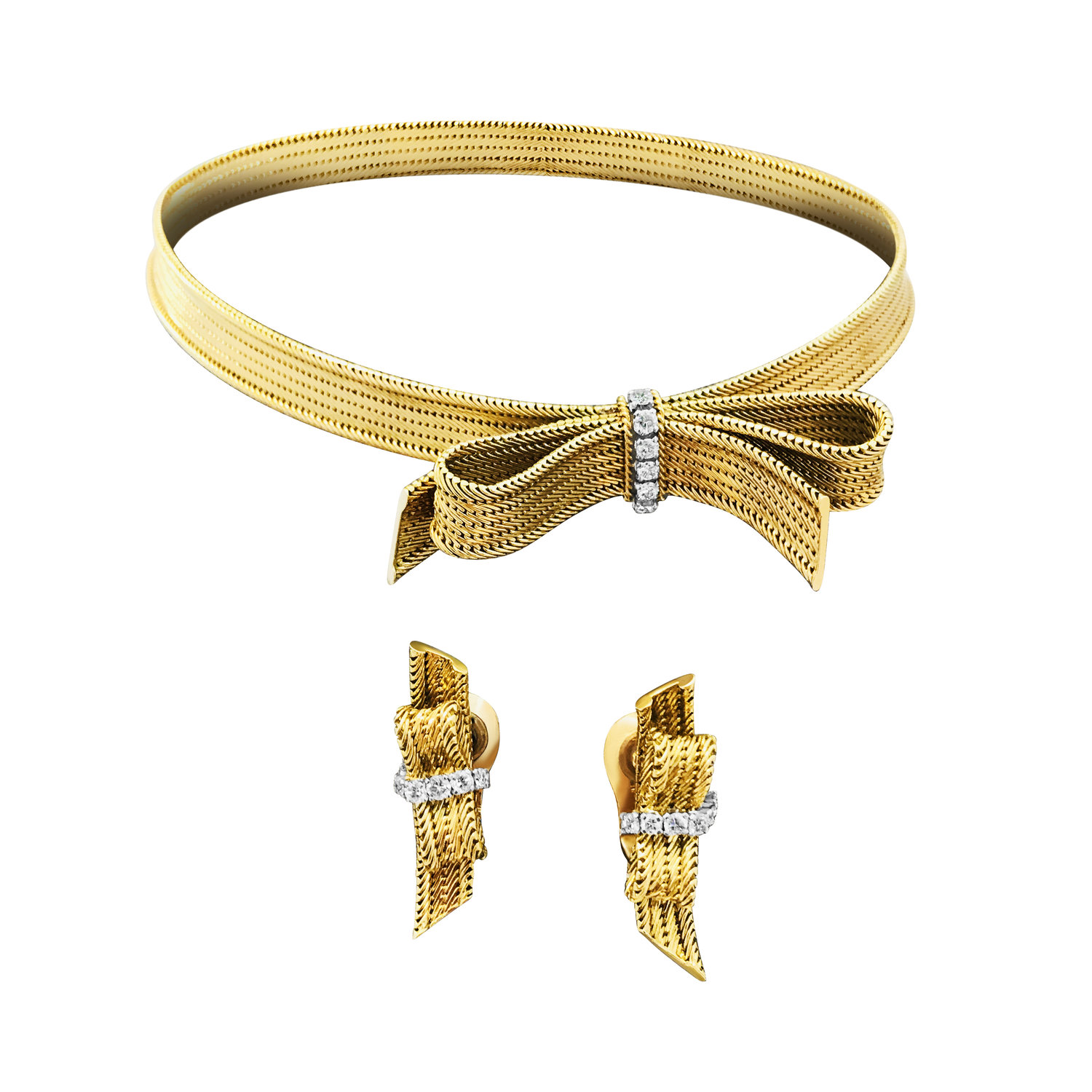 A BOUCHERON GOLD AND DIAMOND BOW NECKLACE AND EAR CLIPS.  