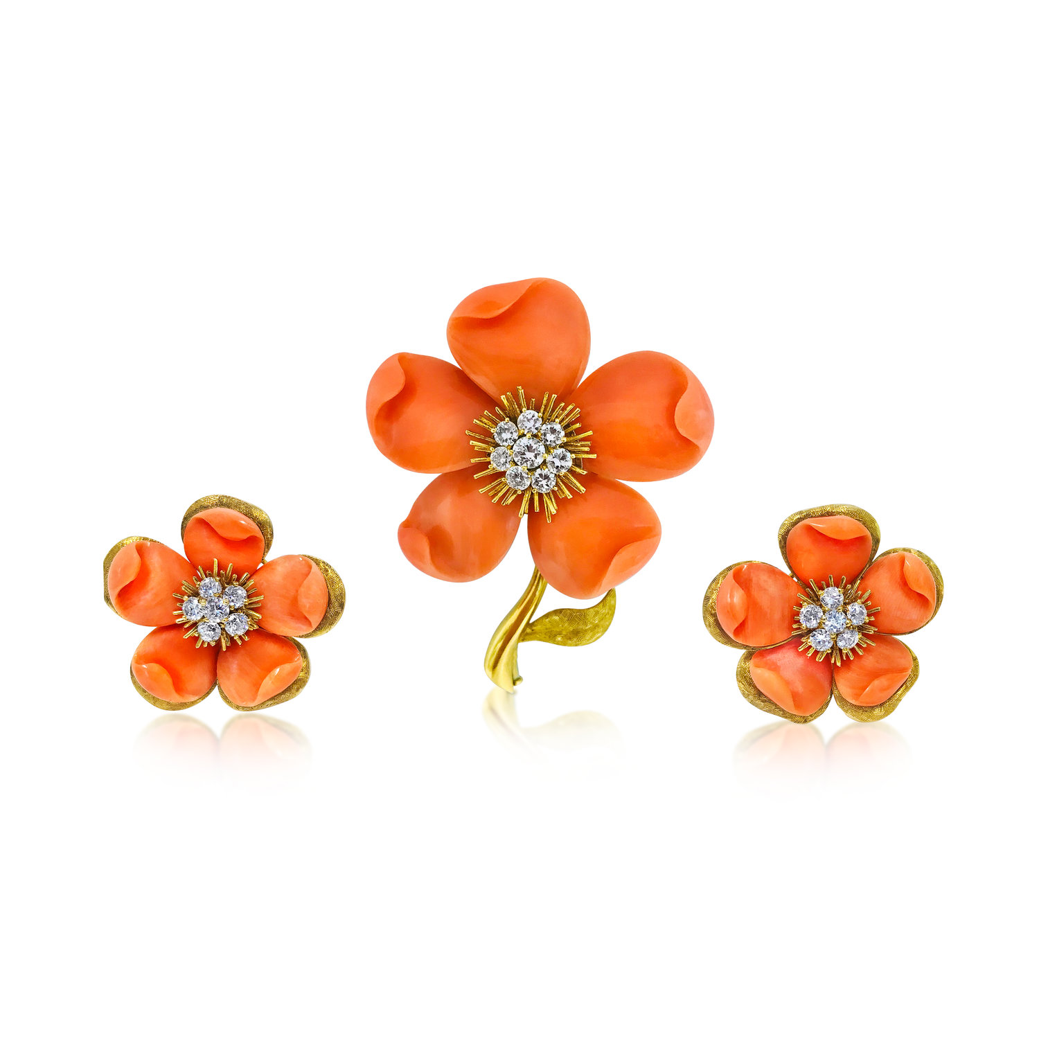 A SET OF "CLEMATIS" CORAL AND DIAMOND EARRINGS AND BROOCH, BY VAN CLEEF &amp; ARPELS. - SOLD