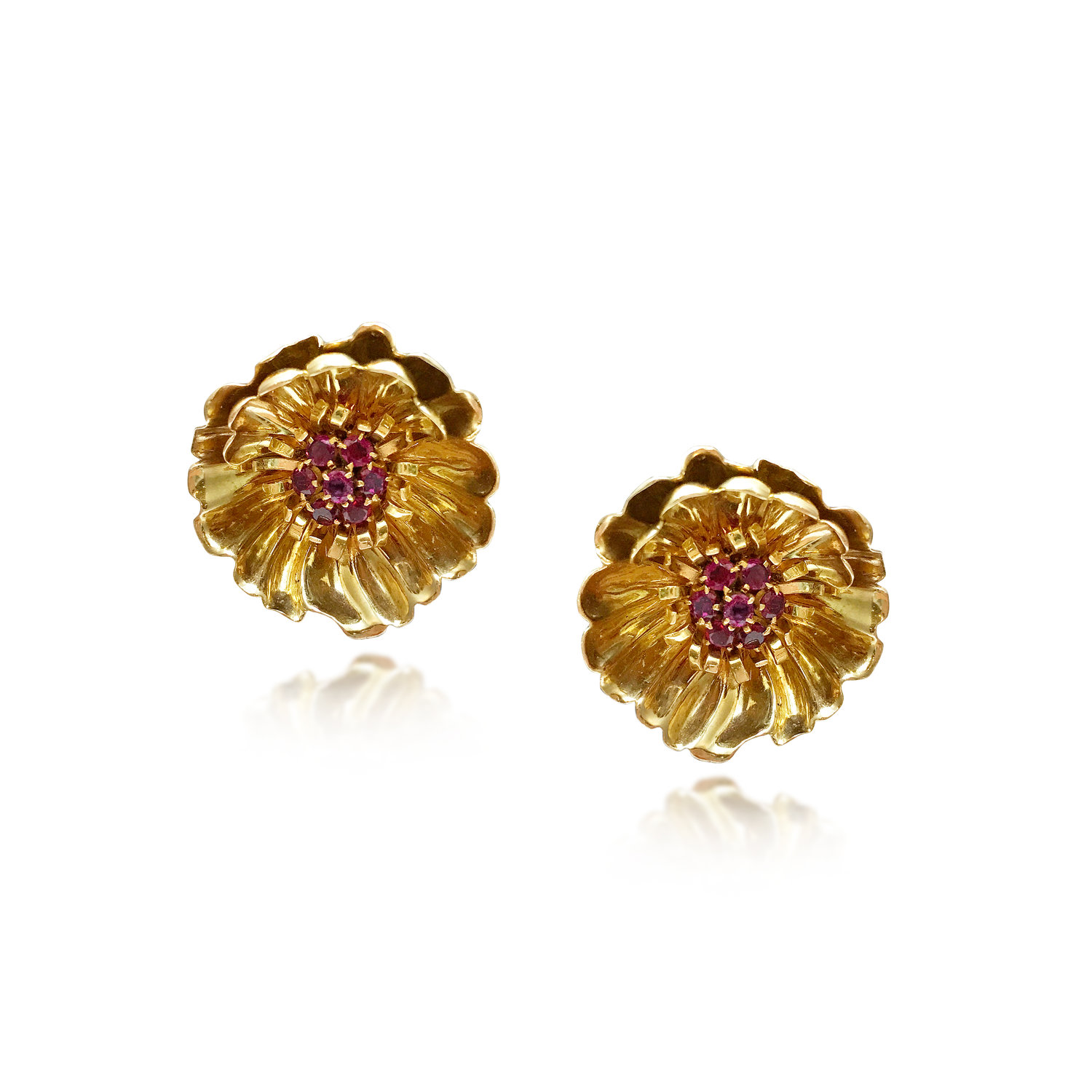 A PAIR OF YELLOW GOLD AND RUBY EARRINGS, BY VAN CLEEF &amp; ARPELS - SOLD