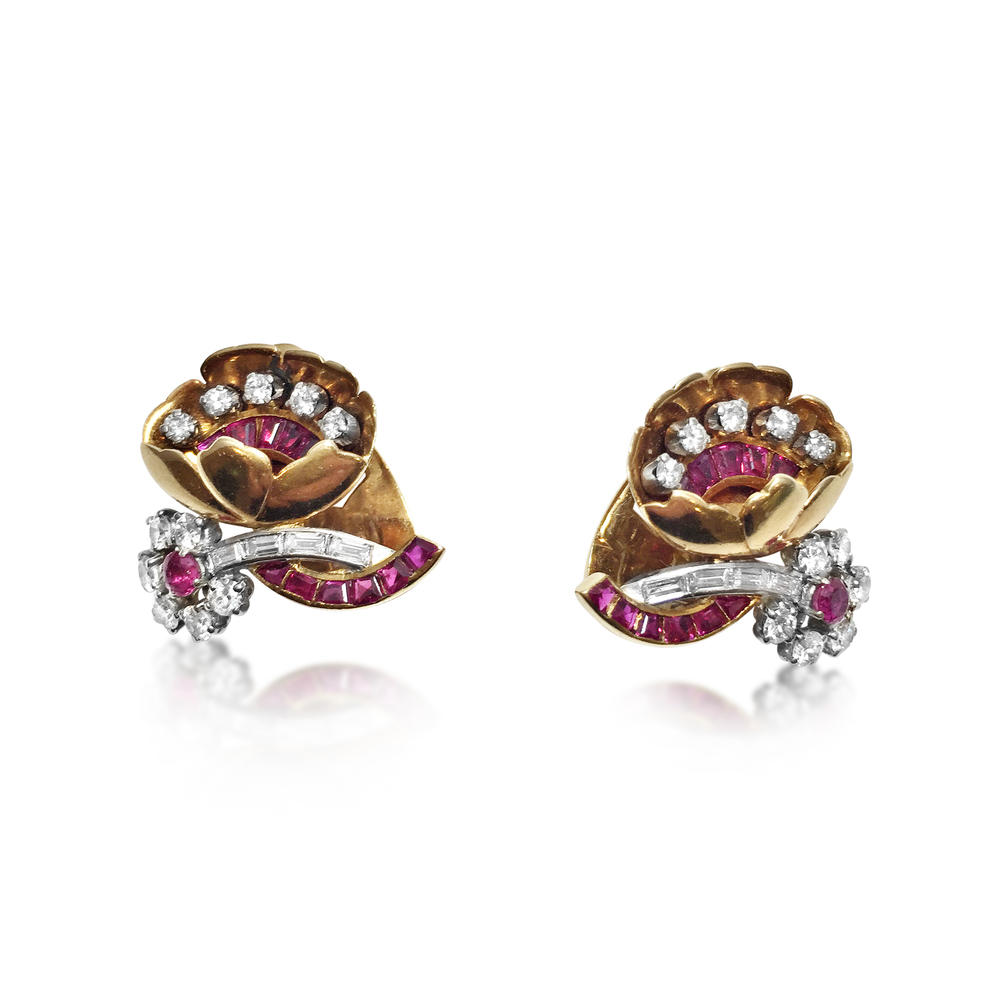 A PAIR OF ART DECO RUBY AND DIAMOND FLOWER EARCLIPS, CIRCA 1930S - SOLD