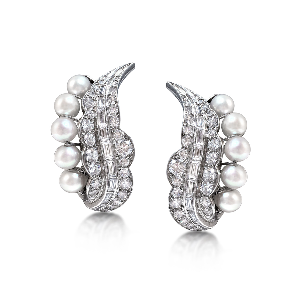 A Cultured Pearl and Diamond Leaf Motif Earclips, by Verger Freres, circa 1950S - SOLD