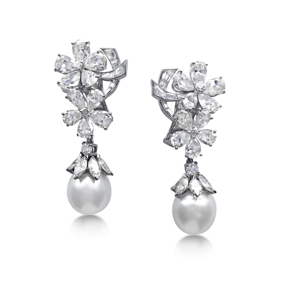 A PAIR OF CULTURED PEARL AND DIAMOND EAR PENDANTS, BY DAVID WEBB - SOLD