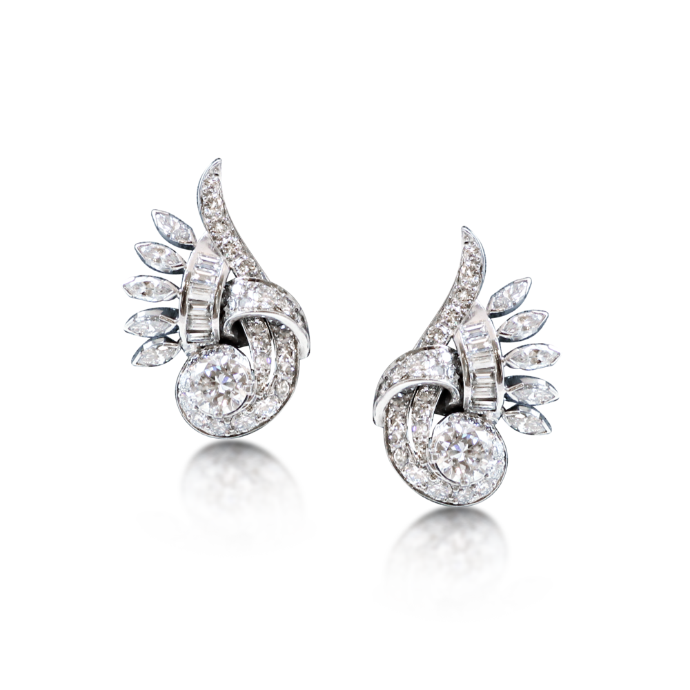 A PAIR OF RETRO DIAMOND AND PLATINUM EARCLIPS, CIRCA 1940 - SOLD