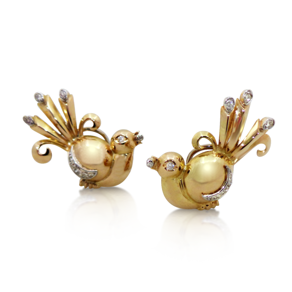 A PAIR OF RETRO DIAMOND AND GOLD BIRD EARRINGS - SOLD