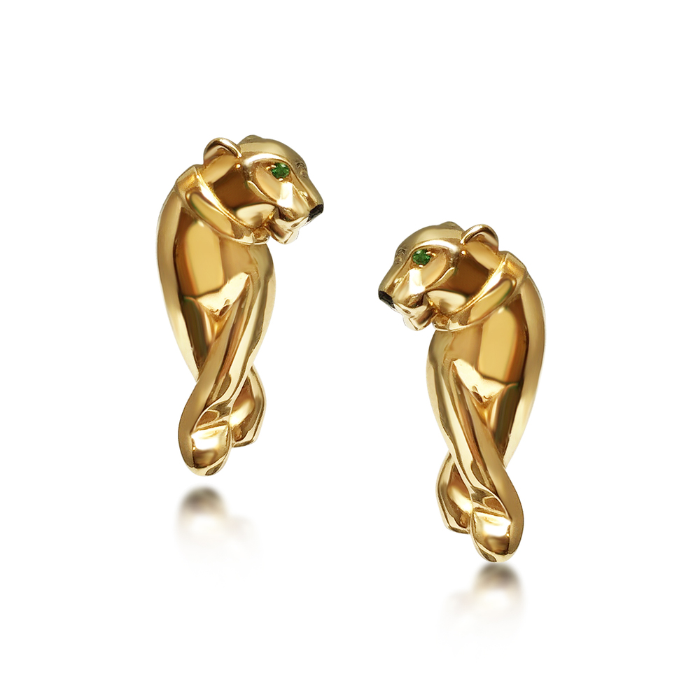A pair of 18K yellow gold, tsavorite garnet and black lacquer "Panthere de Cartier" earrings, by Cartier - Sold