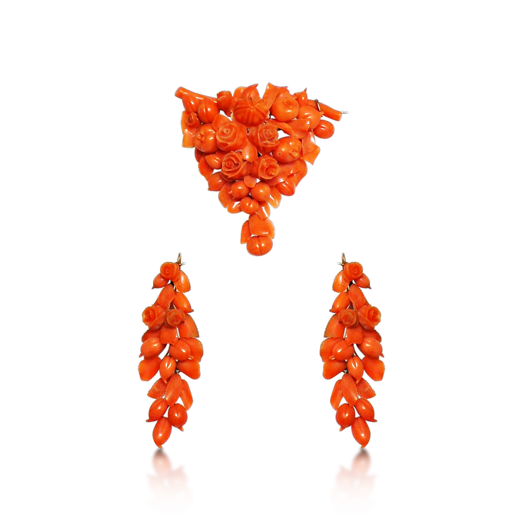 AN ANTIQUE CARVED CORAL POMEGRANATE &amp; ROSE VINE EAR PENDANTS AND BROOCH, CIRCA MID 19TH CENTURY - SOLD