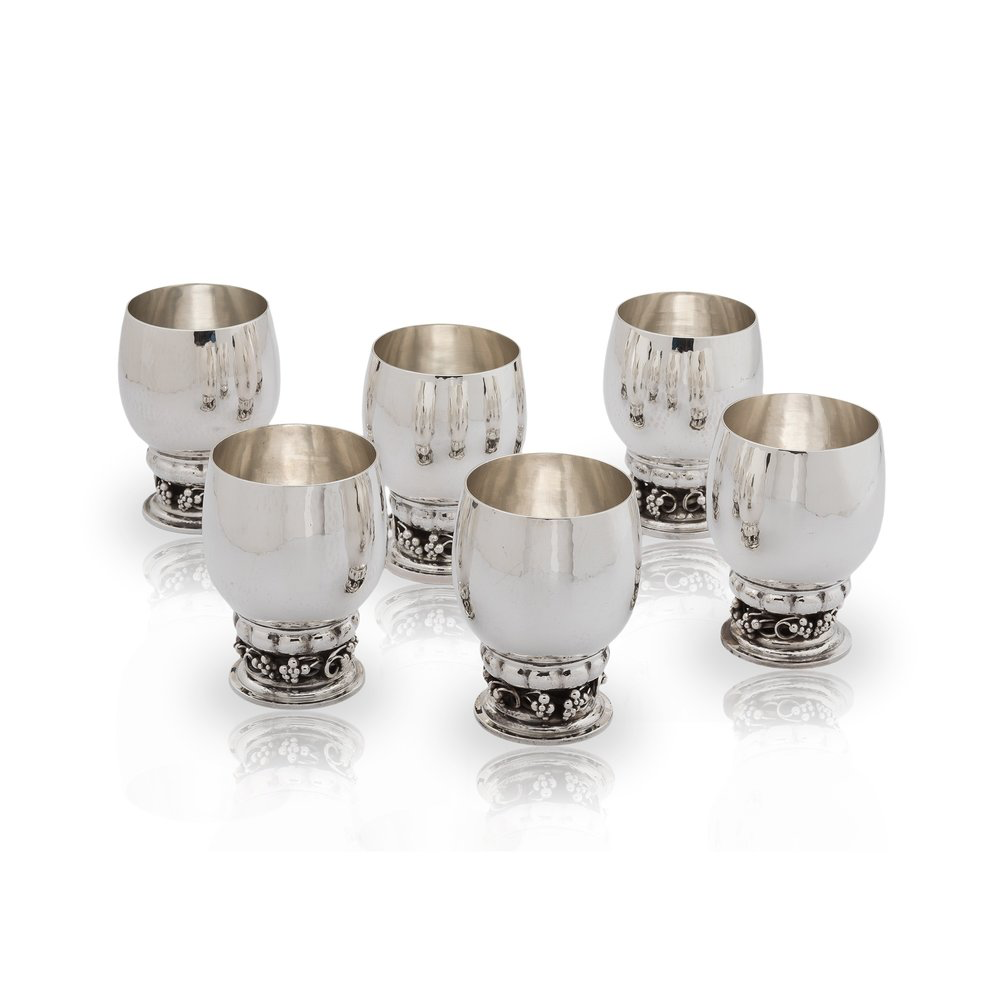 A SET OF 6 STERLING SILVER VINTAGE GRAPE GOBLETS, BY GEORG JENSEN.