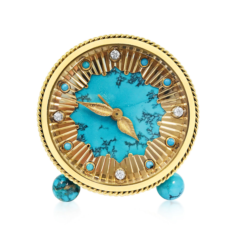 AN 18K GOLD, TURQUOISE AND DIAMOND DESK CLOCK WITH ALARM
