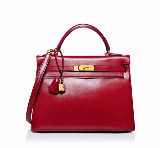 A ROUGE H CALF BOX LEATHER RETOURNE KELLY 32 WITH GOLD HARDWARE, BY HERMES,  1999 — Revival Jewels