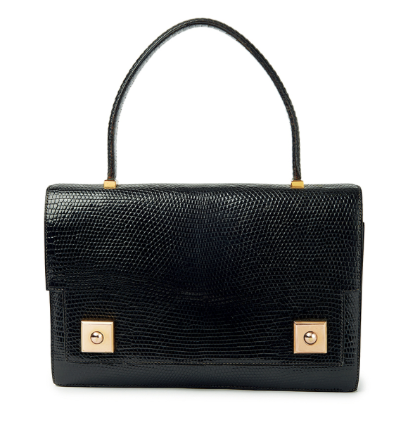 A BLACK LIZARD PIANO PURSE WITH GOLD HARDWARE, BY HERMES, CIRCA 1982