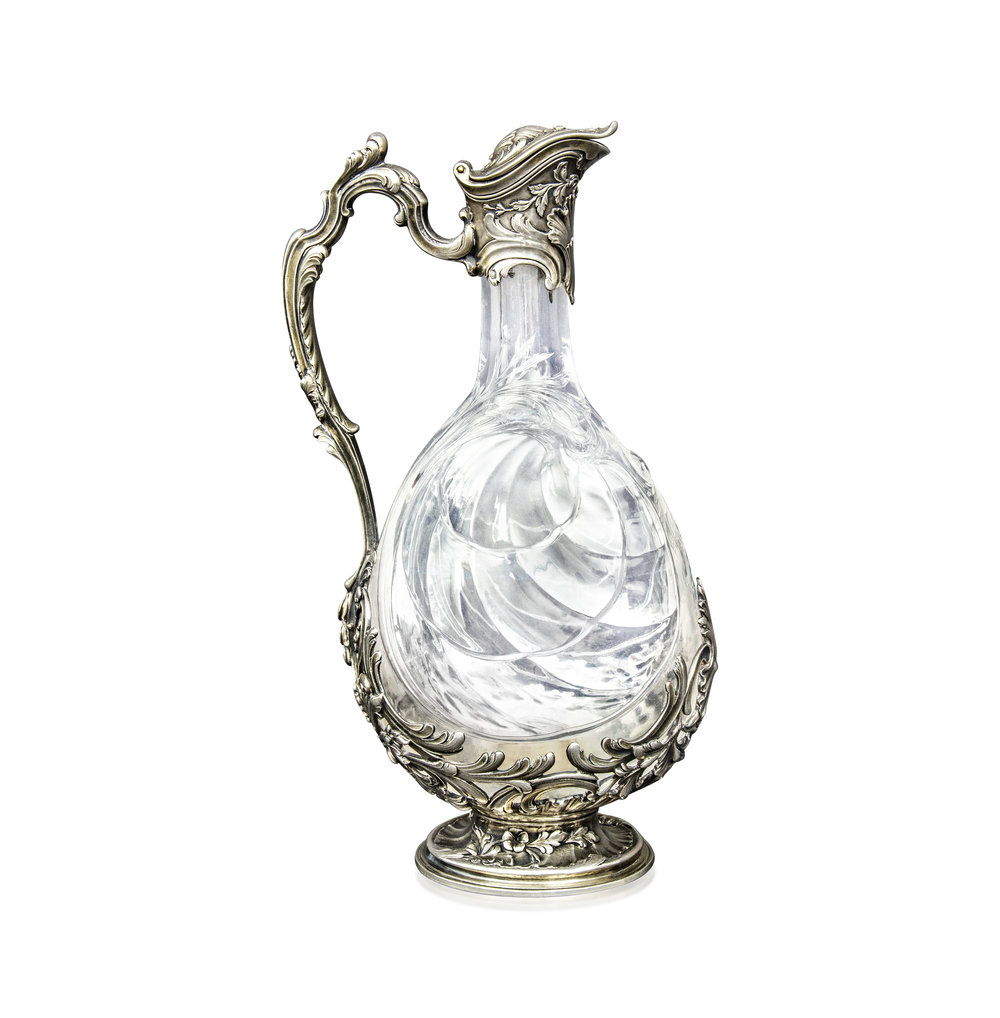 AN ANTIQUE SILVER AND CRYSTAL DECANTER, BY ROBERT LINZELER, PARIS, CIRCA 1890  