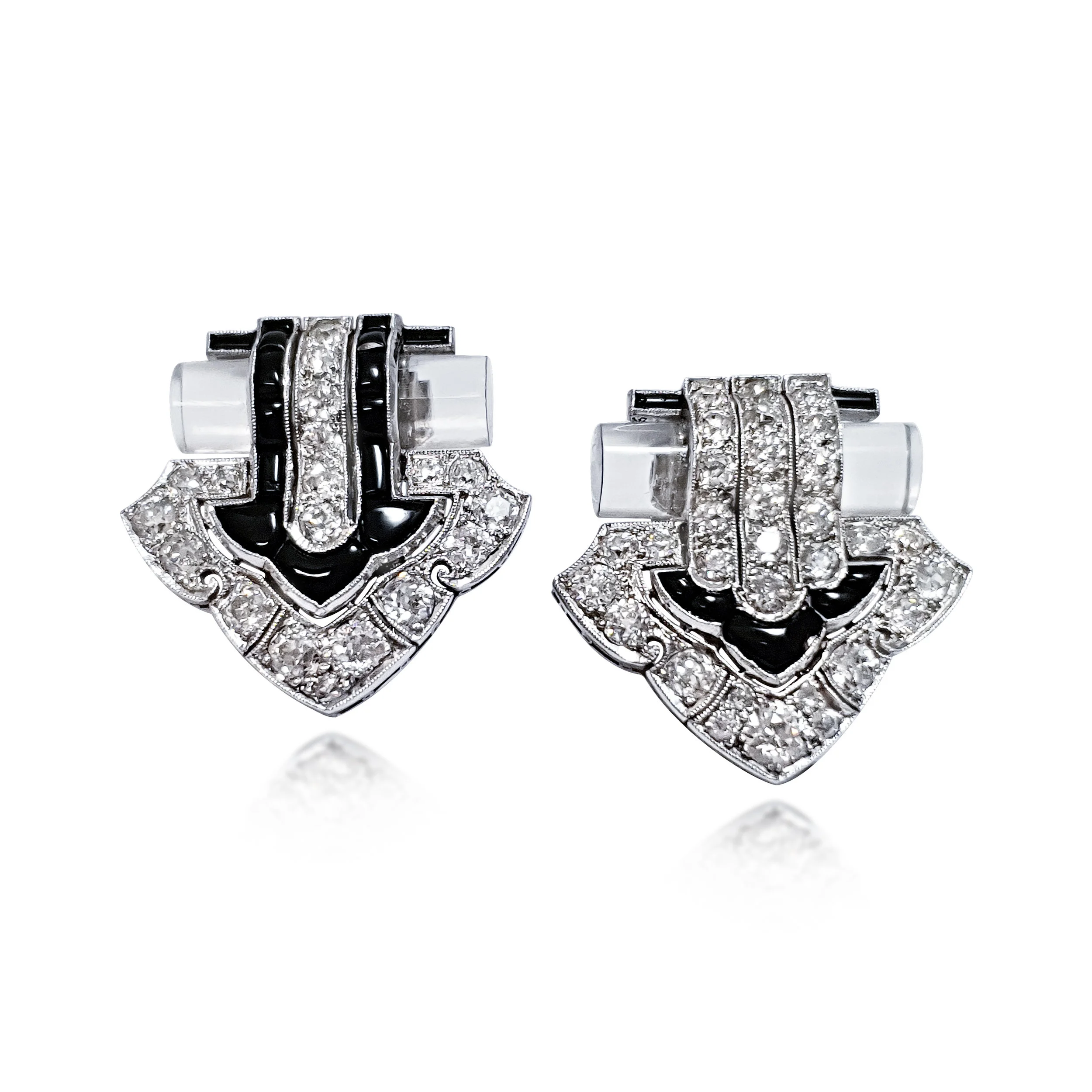 Pair of Art Deco Rock Crystal, Onyx and Diamond Dress Clips