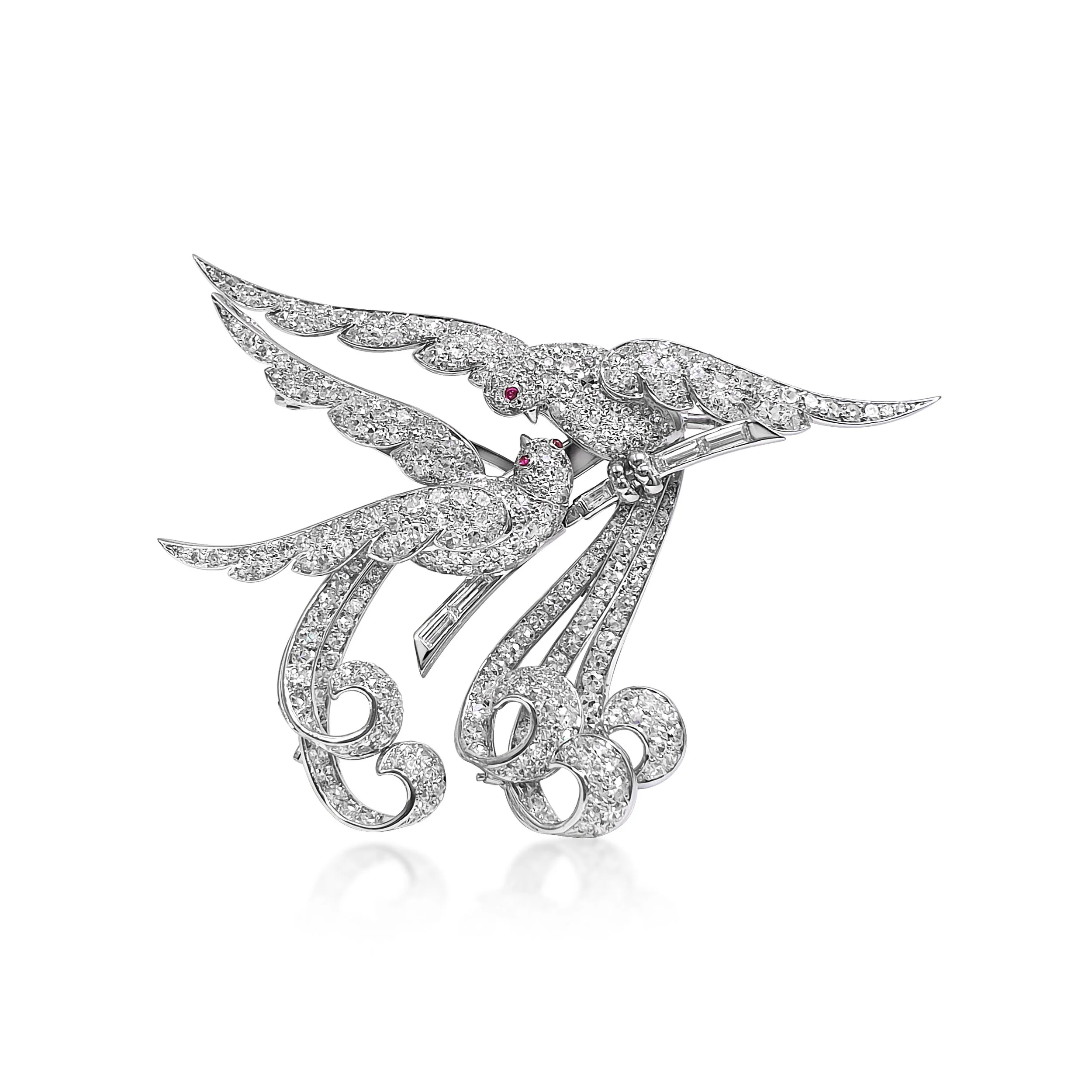 A Diamond and Ruby Bird of Paradise Double Clip Brooch  