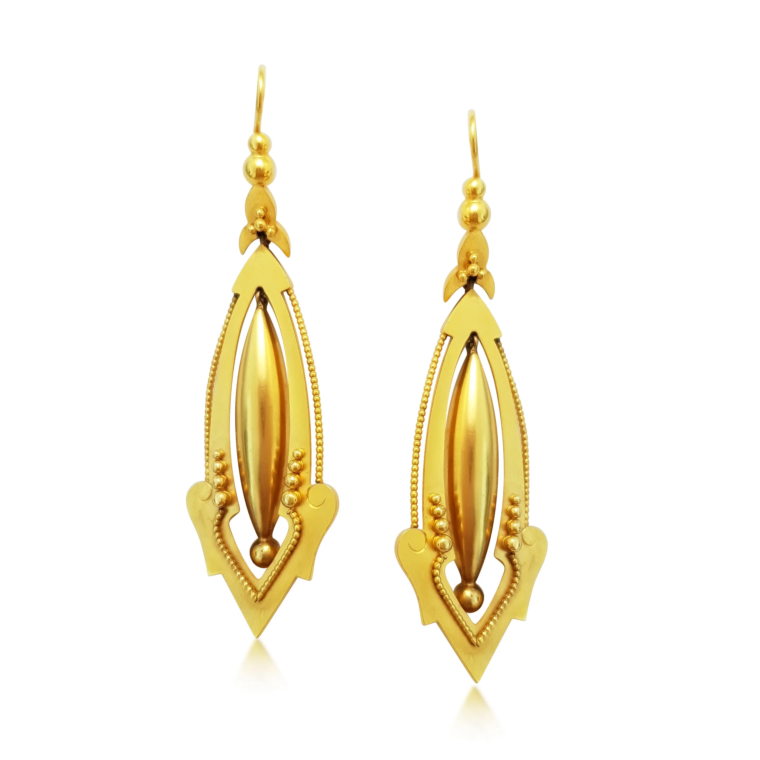 A PAIR OF ANTIQUE GOLD NAVETTE SHAPED EAR PENDANTS, CIRCA 1870