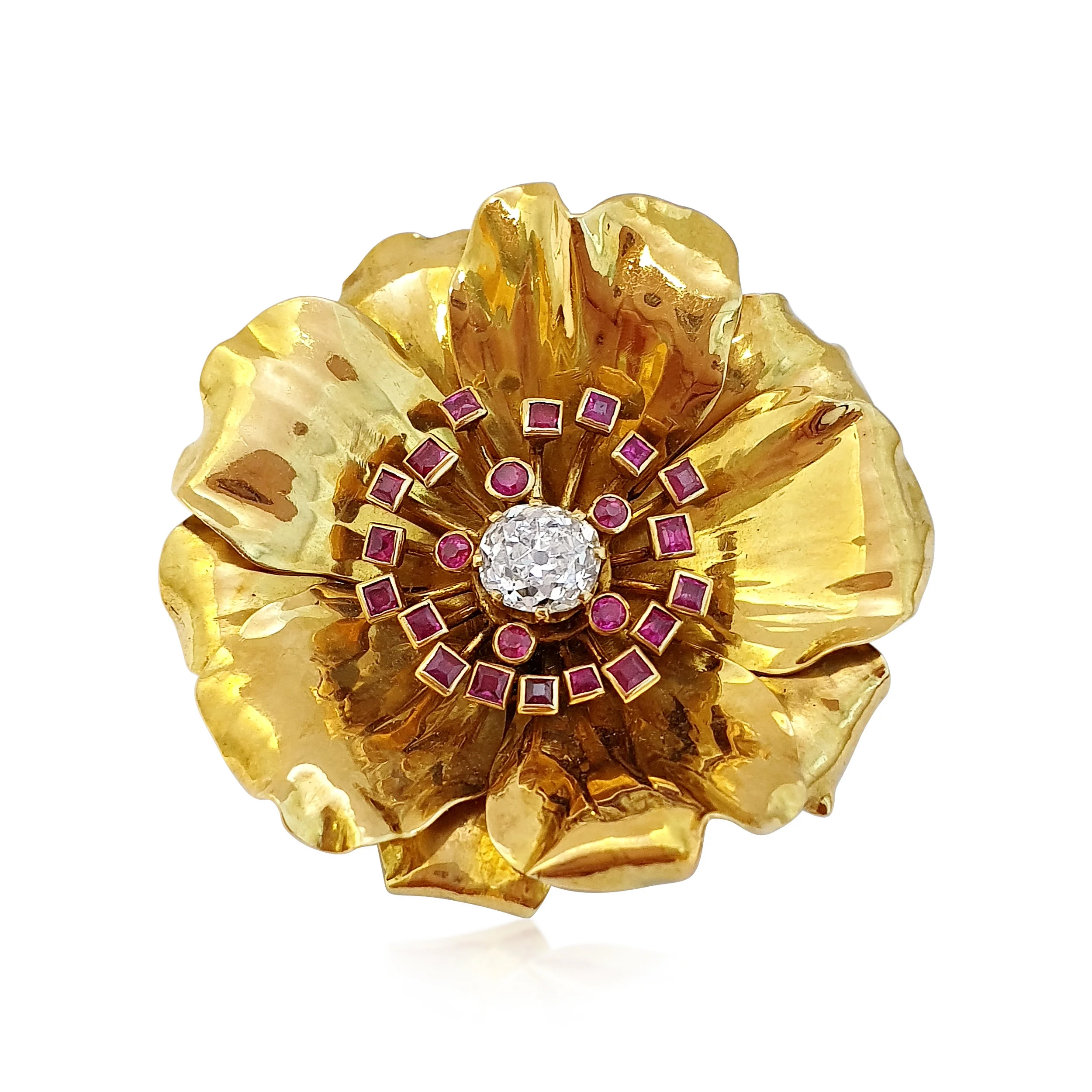 A Yellow Gold, Diamond and Ruby Flower Brooch by Cartier   